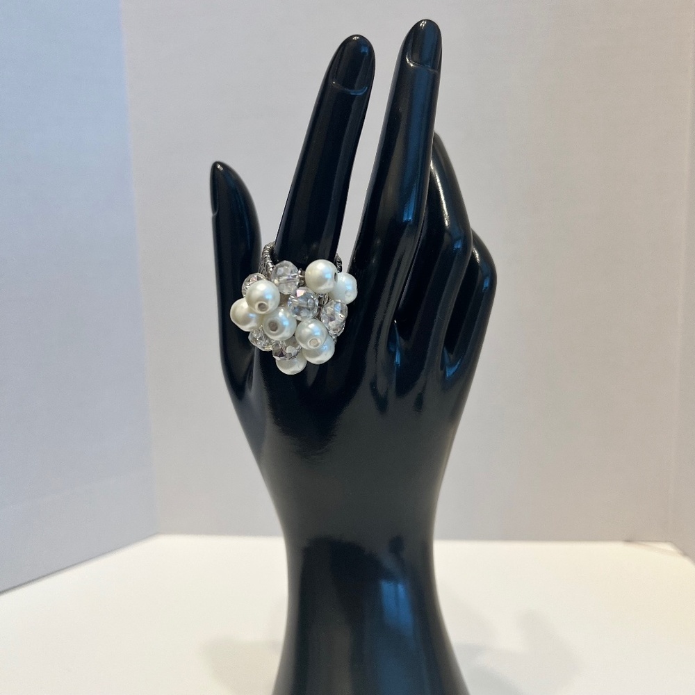 Large Pearl & Crystal Cluster Stretch Statement Ring